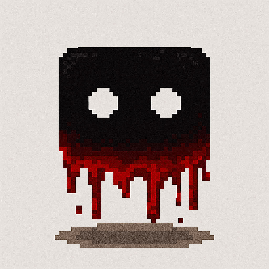 Mysterious pixelated character with glowing eyes and dripping blood